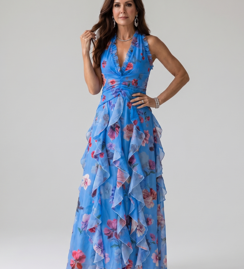 Halterneck-Rüschentop Maxikleid, blaues Floral, ärmellos, geraffter Volant-Rock