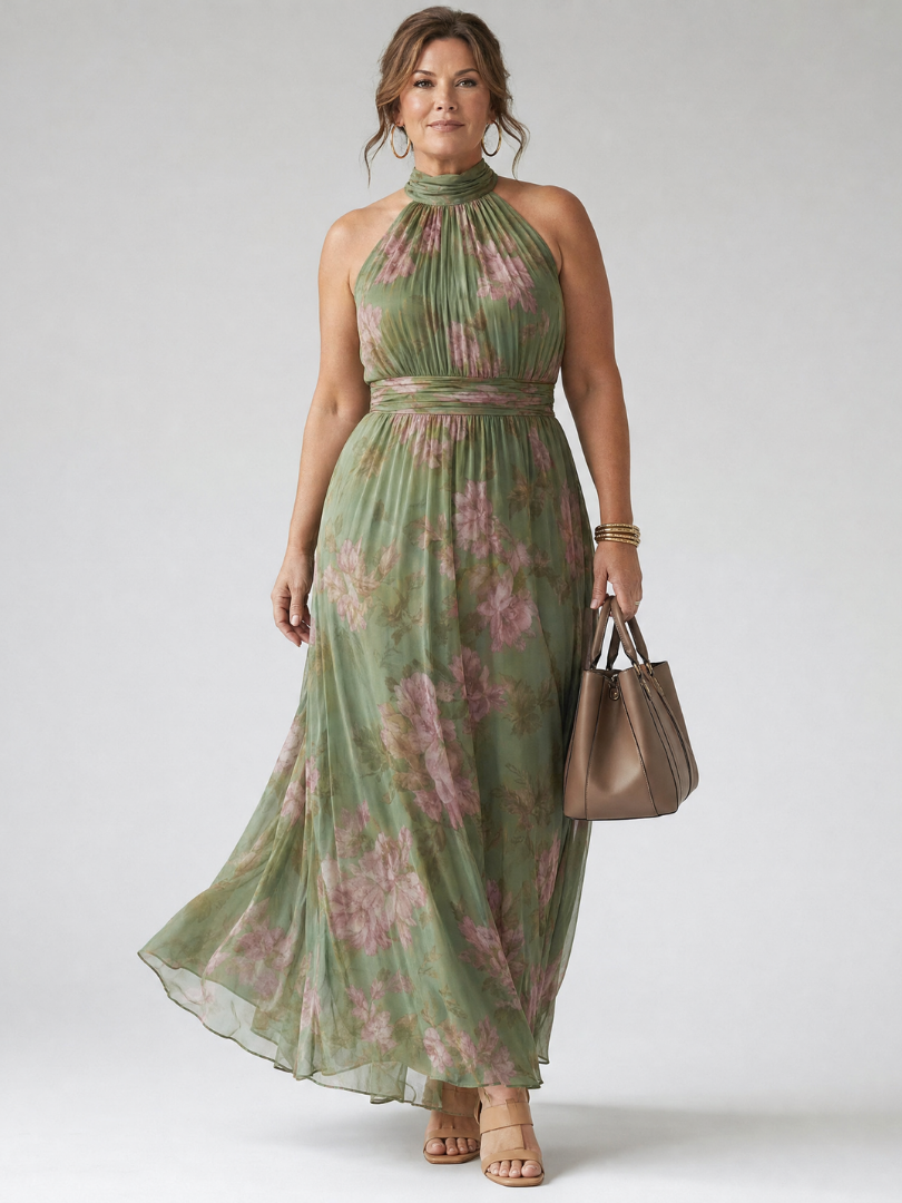 Ärmelloses Midikleid Salbeigrün mit rosa Blüten, geraffte Brust und ausgestellter Rock