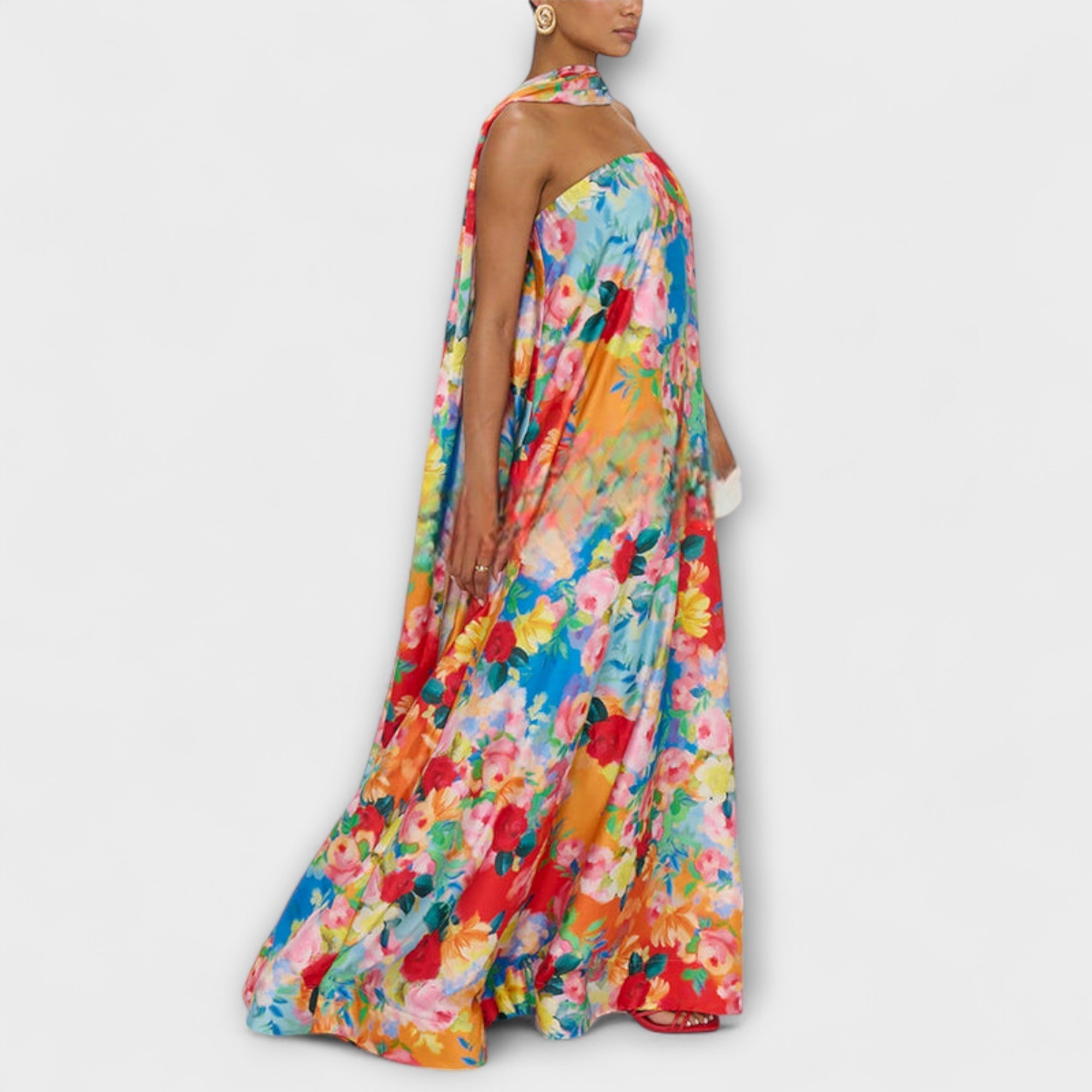 Schulterfreies Maxi-Kleid, Rückansicht seitlich mit buntem Blumenprint