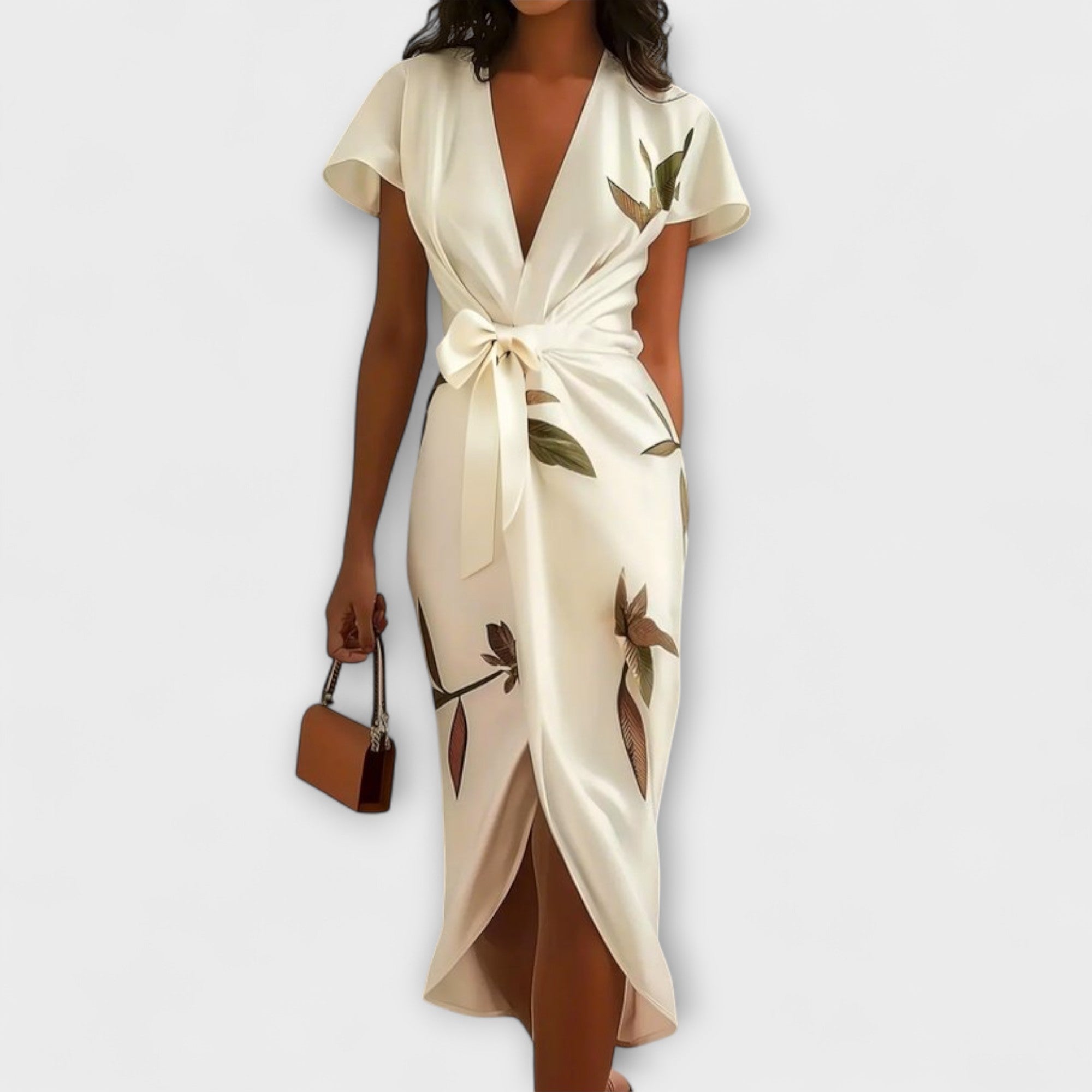 Cremefarbenes Satin-Wickelkleid mit V-Ausschnitt, Bindegürtel, kurzem Ärmel und Blütenprint.