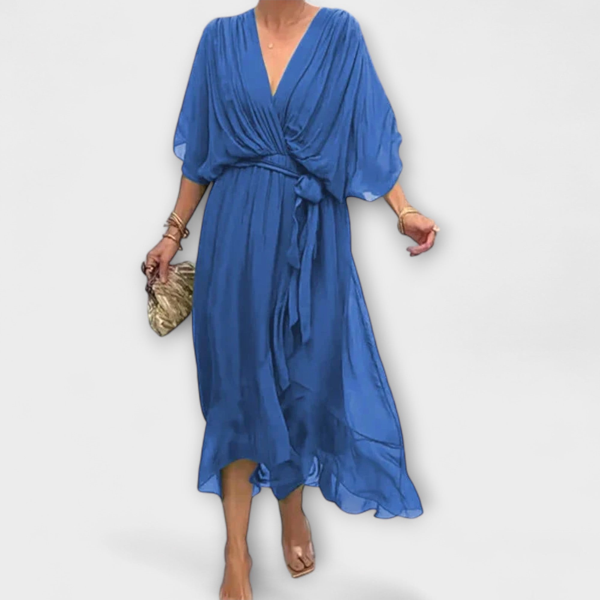 Chiffonkleid mit V-Ausschnitt, blau, Wickeloptik, Bindegürtel, fließender Rock