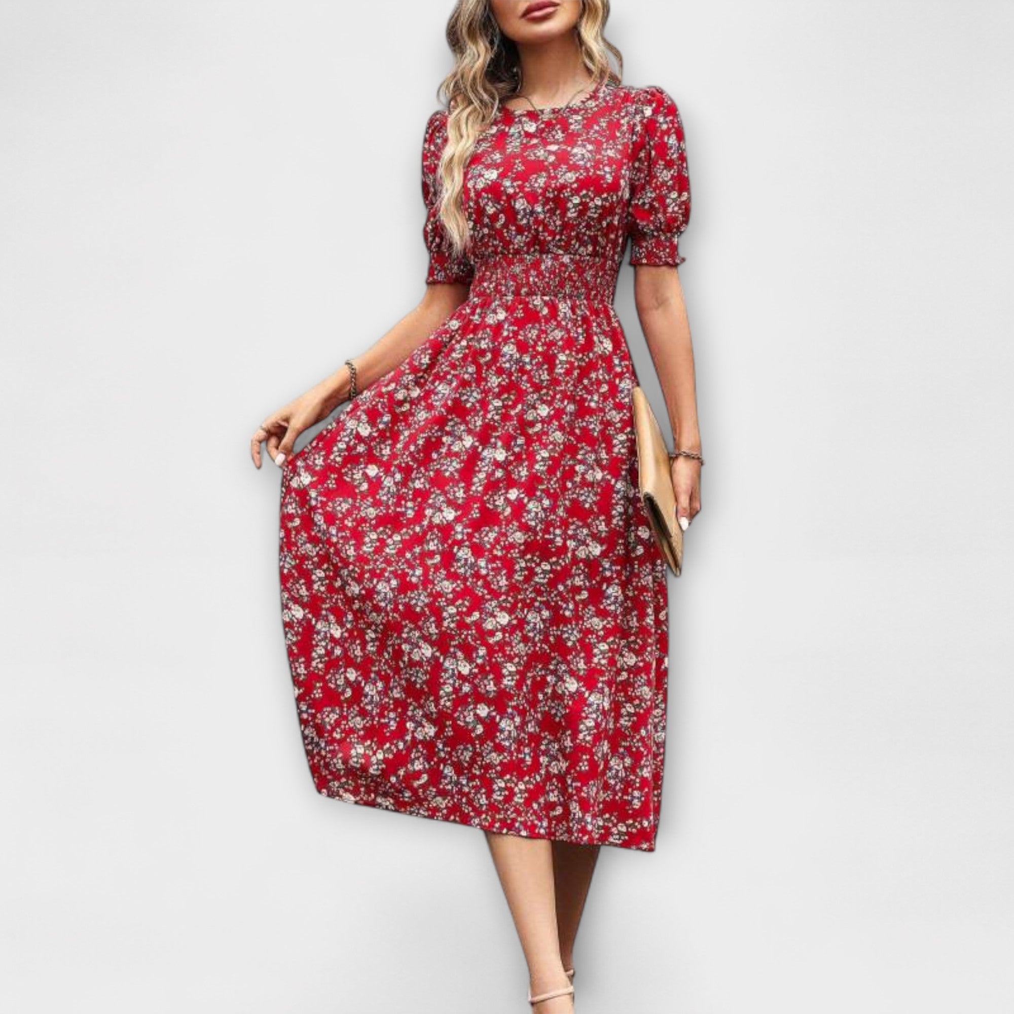 Rotes Blumenmuster-Kleid mit Rundhalsausschnitt, kurzen Ärmeln, knielang