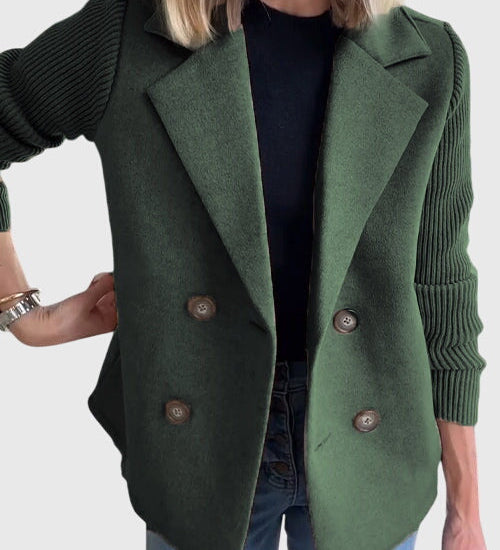 Damen-Blazer mit Reverskragen, zweireihiger Knopfleiste und Strickärmeln, dunkelgrün