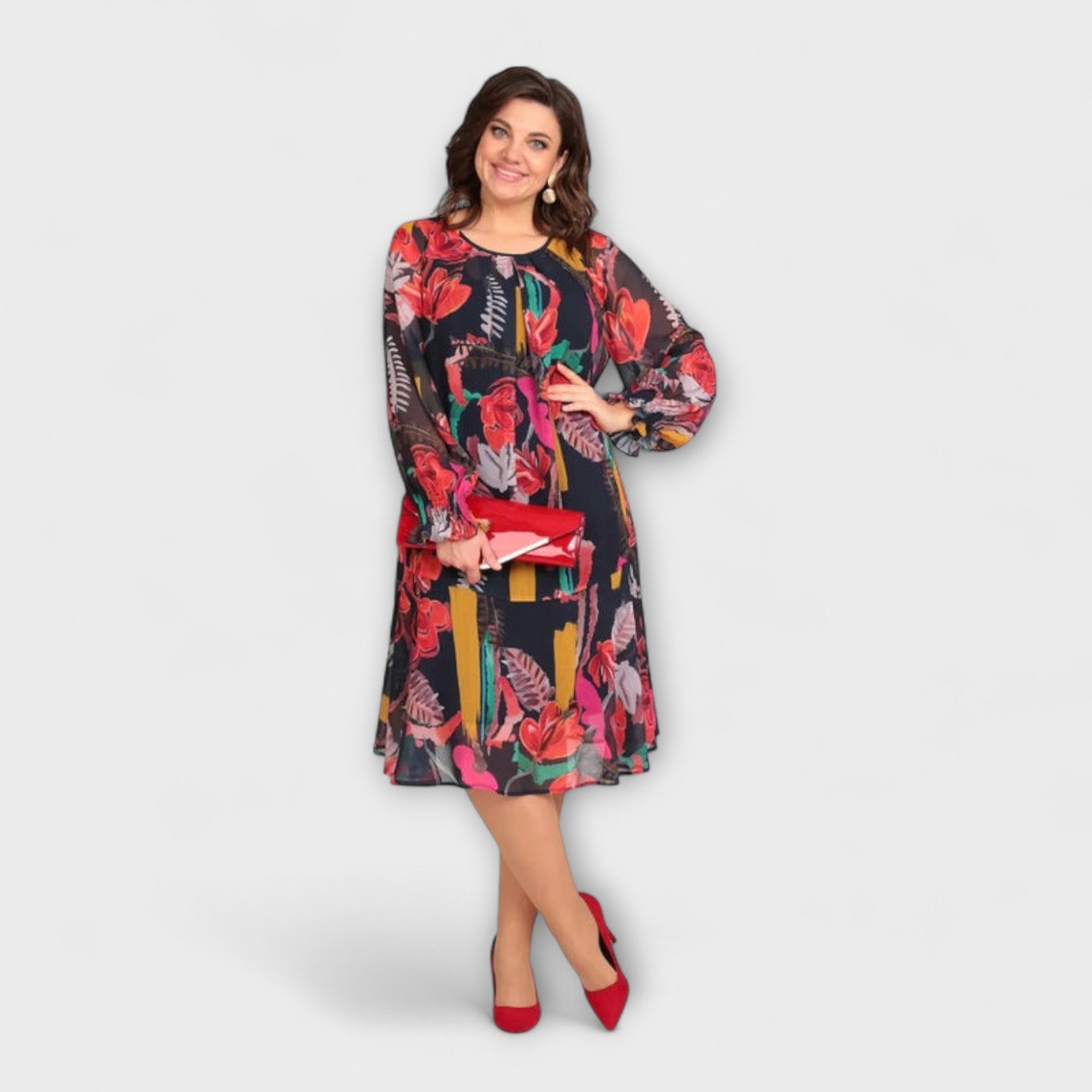 Gemustertes Kleid mit langen Ärmeln, Rundhalsausschnitt, bunter Blumenprint