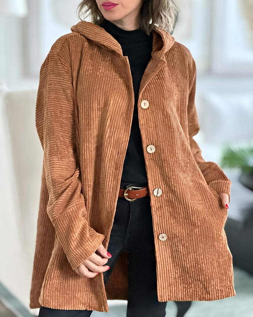 Cordjacke mit Kapuze, rostbraun, Knopfleiste vorn und aufgesetzte Taschen
