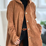 Cordjacke mit Kapuze, rostbraun, Knopfleiste vorn und aufgesetzte Taschen