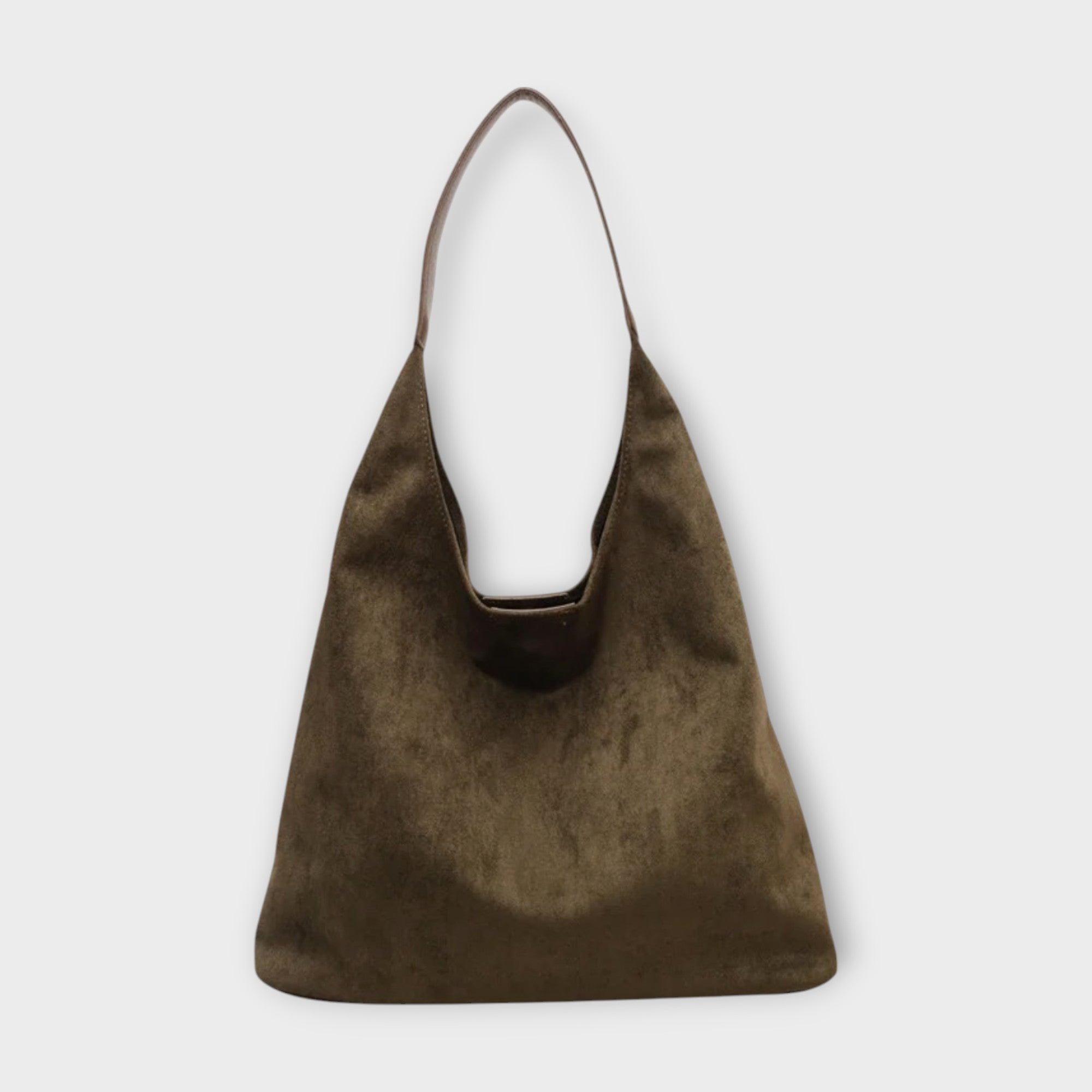 Olivegrüne Veloursleder-Hobo-Handtasche mit Schlaufengriff und offener Form