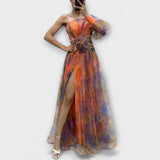 Asymmetrisches One-Shoulder-Maxikleid, Farbmix Orange/Blau/Lila, geraffter Taillengürtel