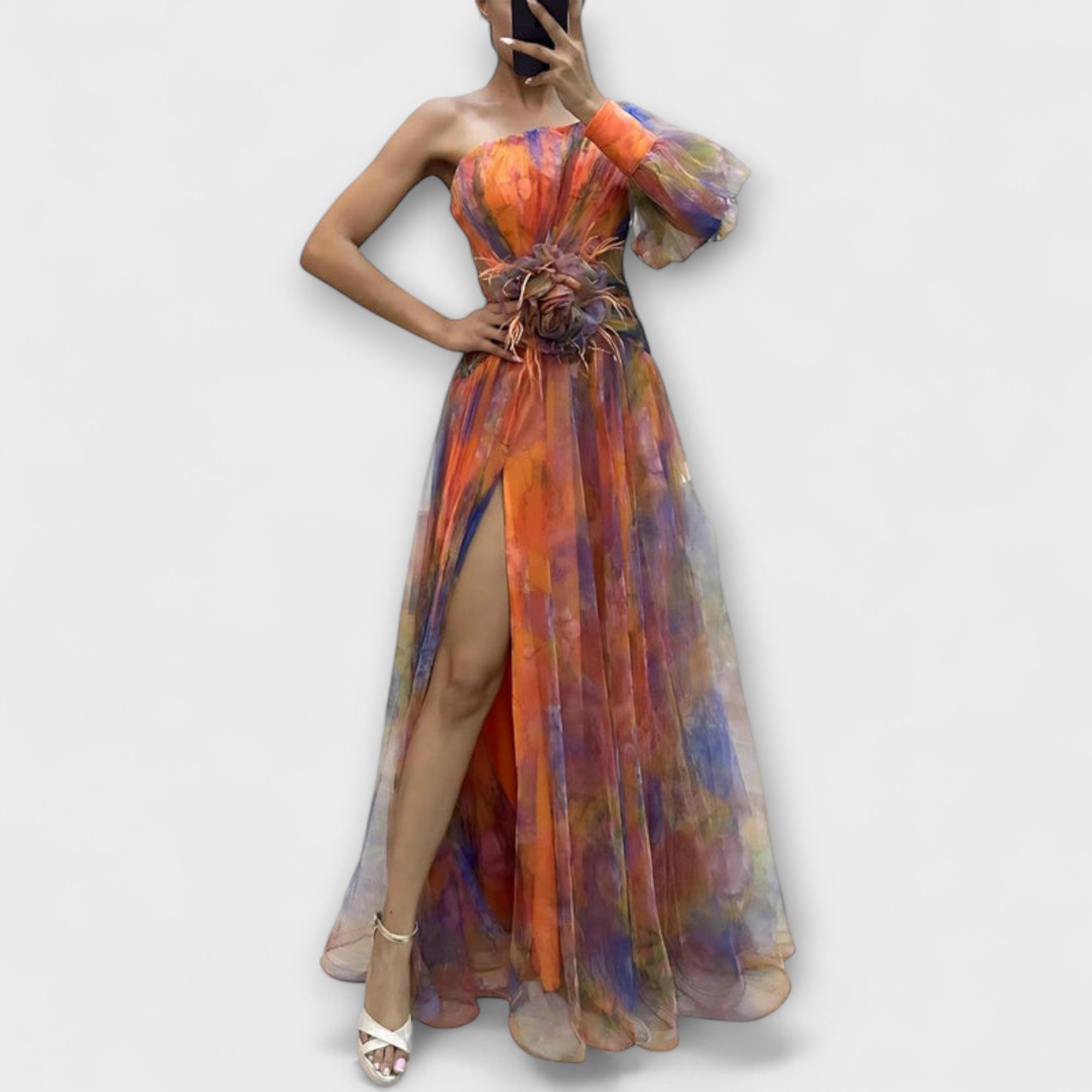 Asymmetrisches One-Shoulder-Maxikleid, Farbmix Orange/Blau/Lila, geraffter Taillengürtel