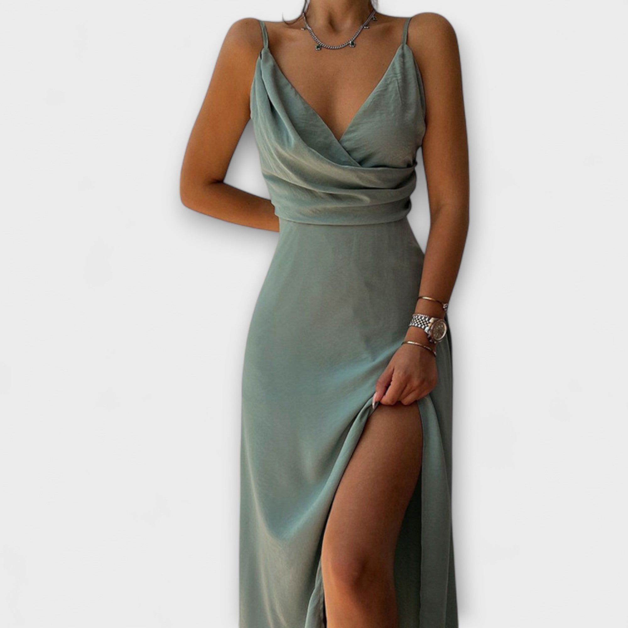 Mintfarbenes Lara-Kleid mit Trägern, Wickelausschnitt und Beinschlitz