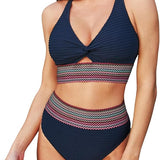 Blauer Bauch-Weg-Bikini mit V-Ausschnitt, Knoten-Detail und mehrfarbigem Streifenbund