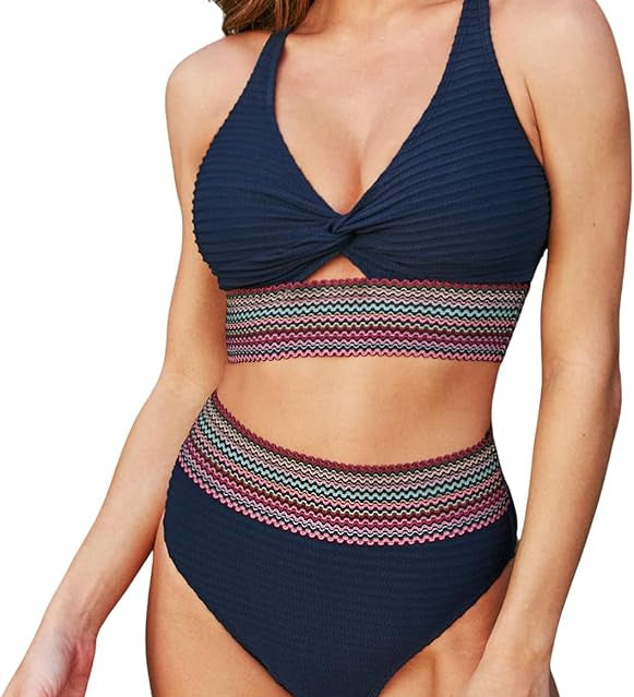 Blauer Bauch-Weg-Bikini mit V-Ausschnitt, Knoten-Detail und mehrfarbigem Streifenbund