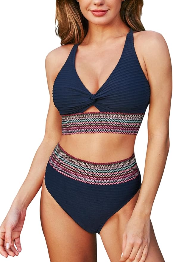 Blauer Bauch-Weg-Bikini mit V-Ausschnitt, Knoten-Detail und mehrfarbigem Streifenbund