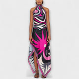 Set aus Neckholder-Top und asymmetrischem Midi-Rock, gemustert in Schwarz und Pink