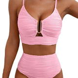 Roséfarbener Bikini mit geripptem Stoff, Bügel-Bra und hohem Taillen-Slip mit Mittelring