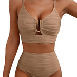 Beiger Bikini mit geripptem Stoff, Bügel-Bra und hohem Taillen-Slip mit Mittelring