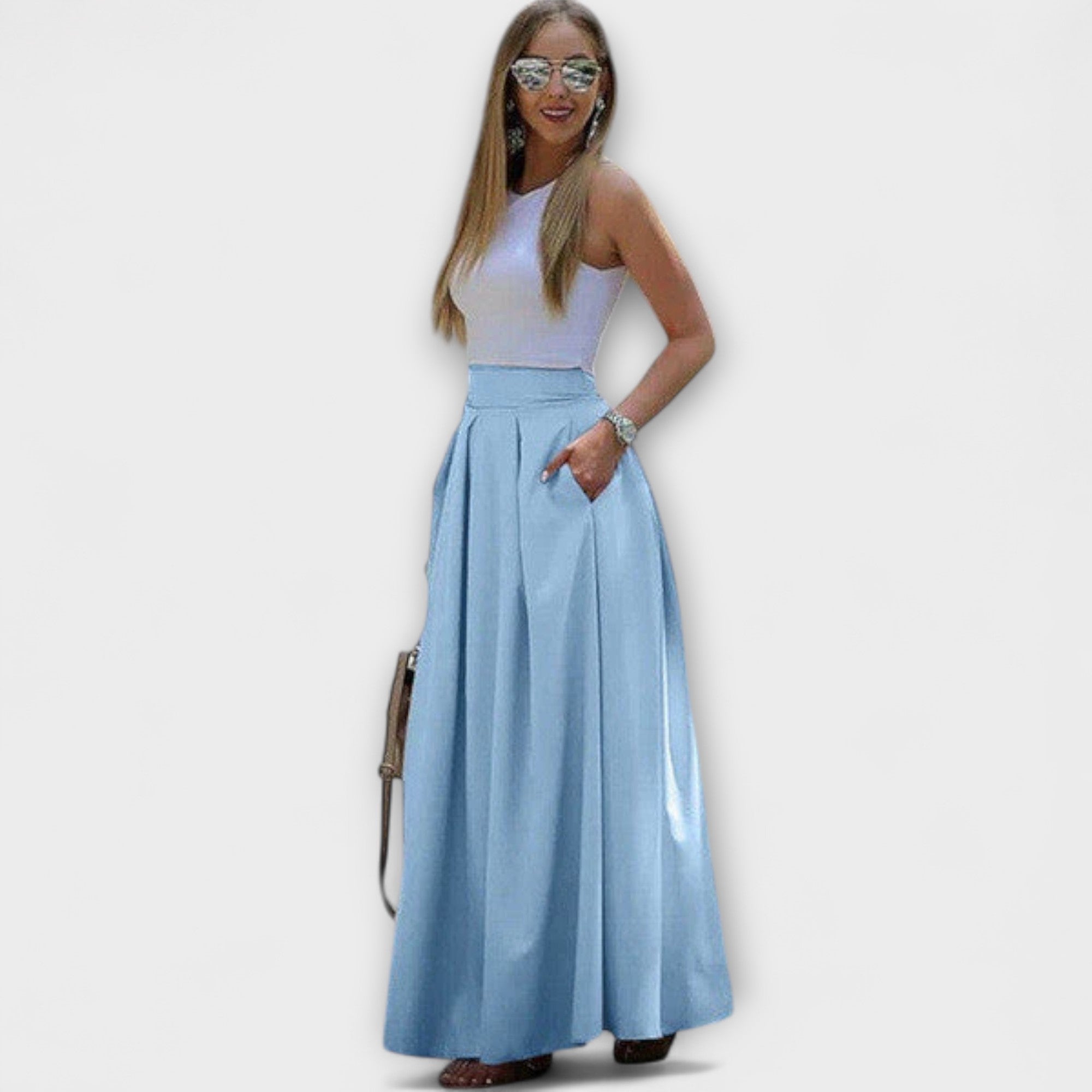 Eleganter Maxirock mit hoher Taille, hellblau, mit Falten und A-Linien-Schnitt