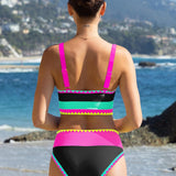 Bauchfreier Bikini-Set, Rückansicht: schwarz mit pinken und gelben Streifen