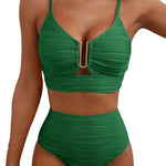 Grüner Bikini mit geripptem Stoff, Bügel-Bra und hohem Taillen-Slip mit Mittelring