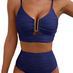 Dunkelblauer Bikini mit geripptem Stoff, Bügel-Bra und hohem Taillen-Slip mit Mittelring