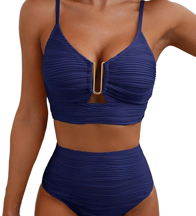 Dunkelblauer Bikini mit geripptem Stoff, Bügel-Bra und hohem Taillen-Slip mit Mittelring