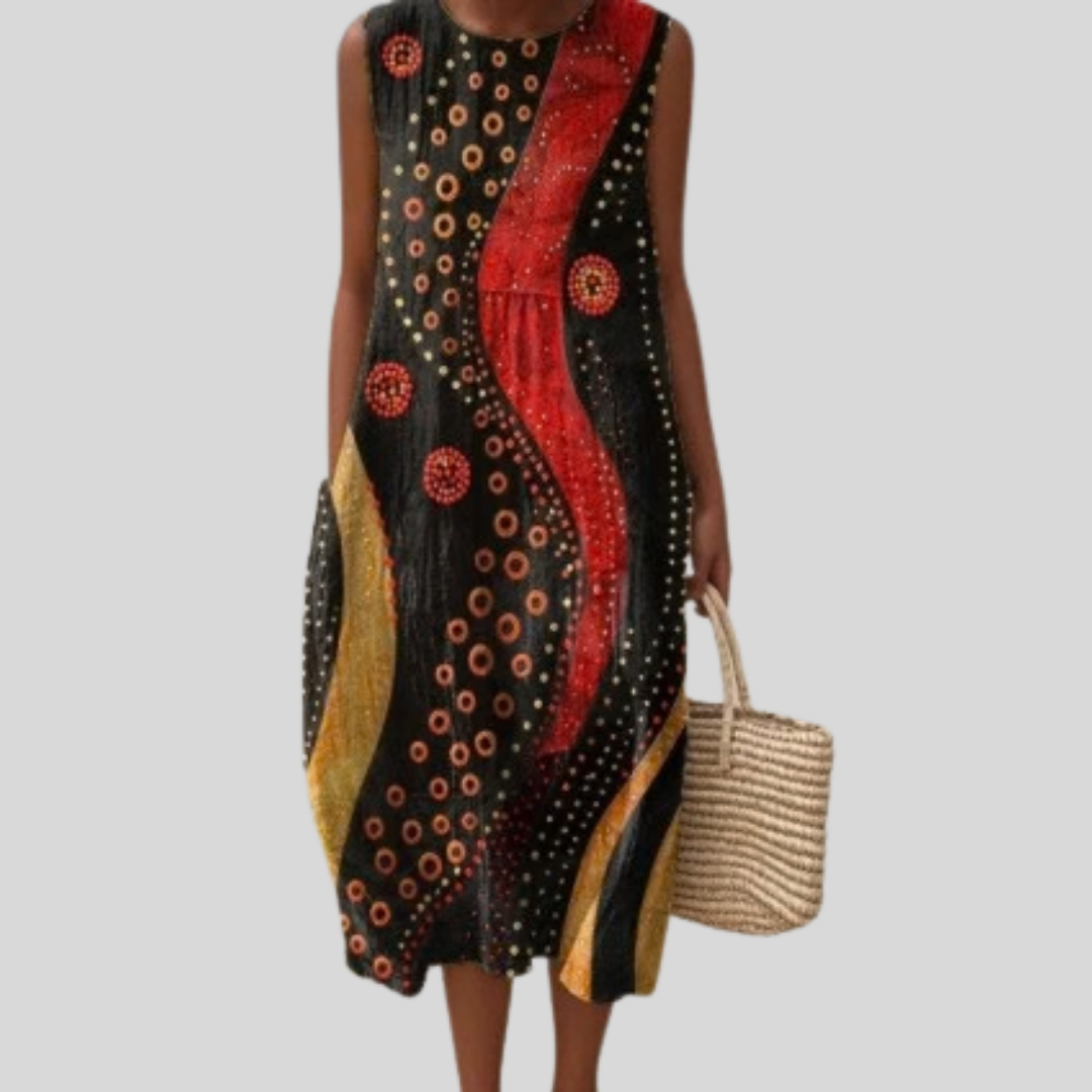 Ärmelloses Kleid mit Patchwork aus Schwarz, Rot und Gelb und Kreis-Muster