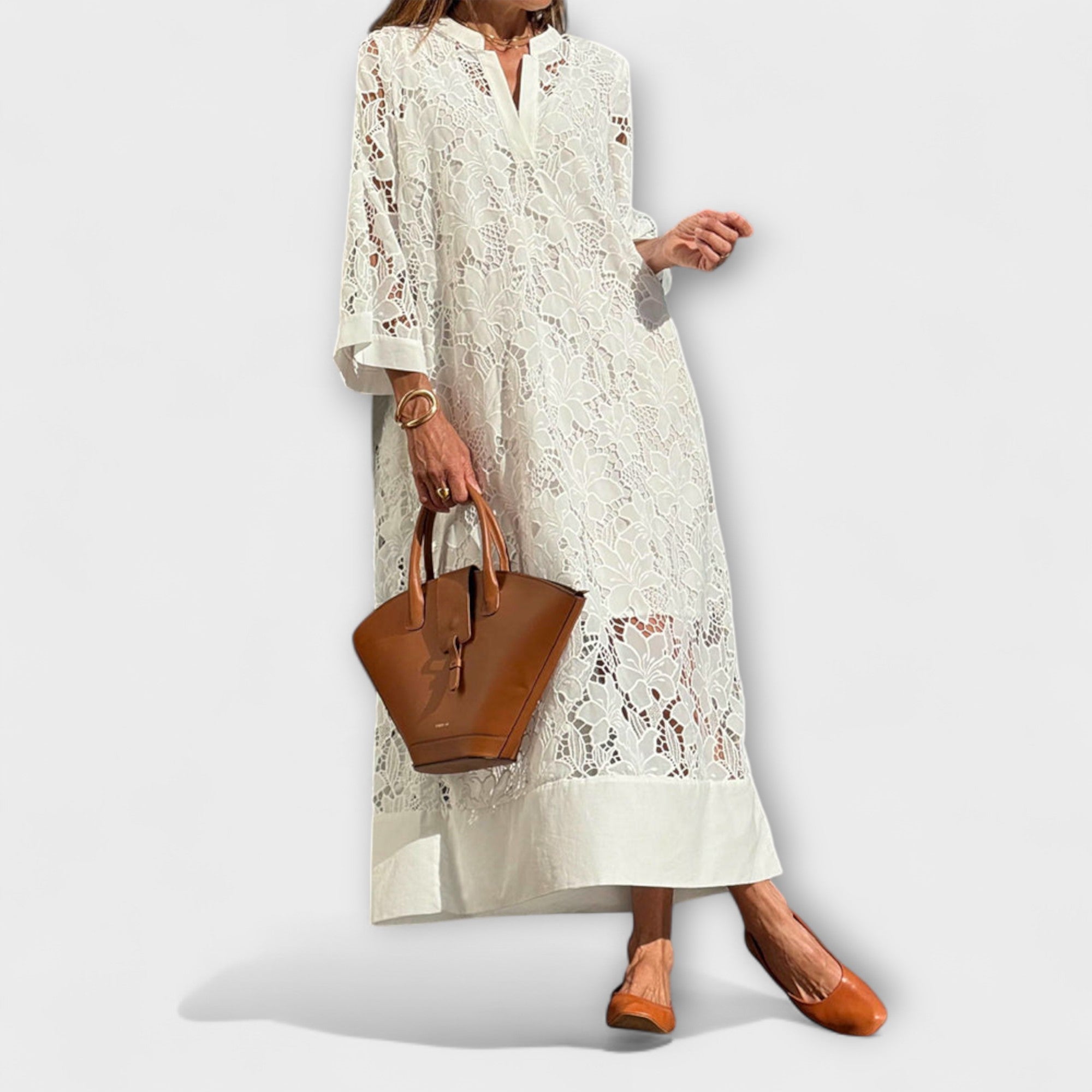 Valmere besticktes Kleid mit Spitze, V-Ausschnitt, weisser Farbe