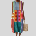 Ärmelloses Patchwork-Kleid mit gestreiften Farbblöcken in Grün, Orange, Pink und Blau