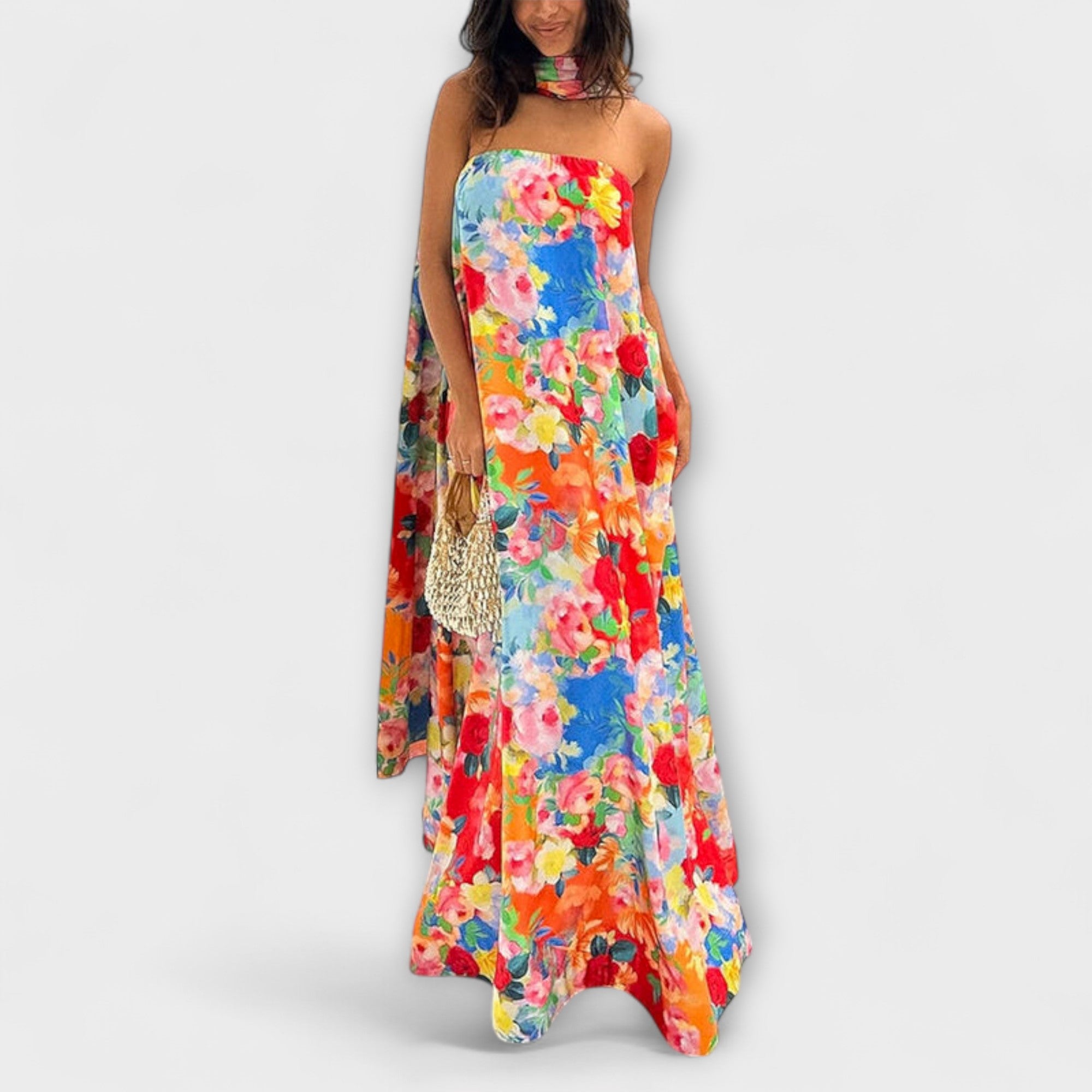 Schulterfreies Maxi-Kleid mit buntem Blumenmuster, ärmellos