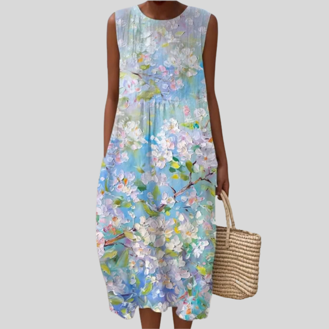 Ärmelloses Kleid Hellblau mit buntem Blumenmuster und Rundhalsausschnitt