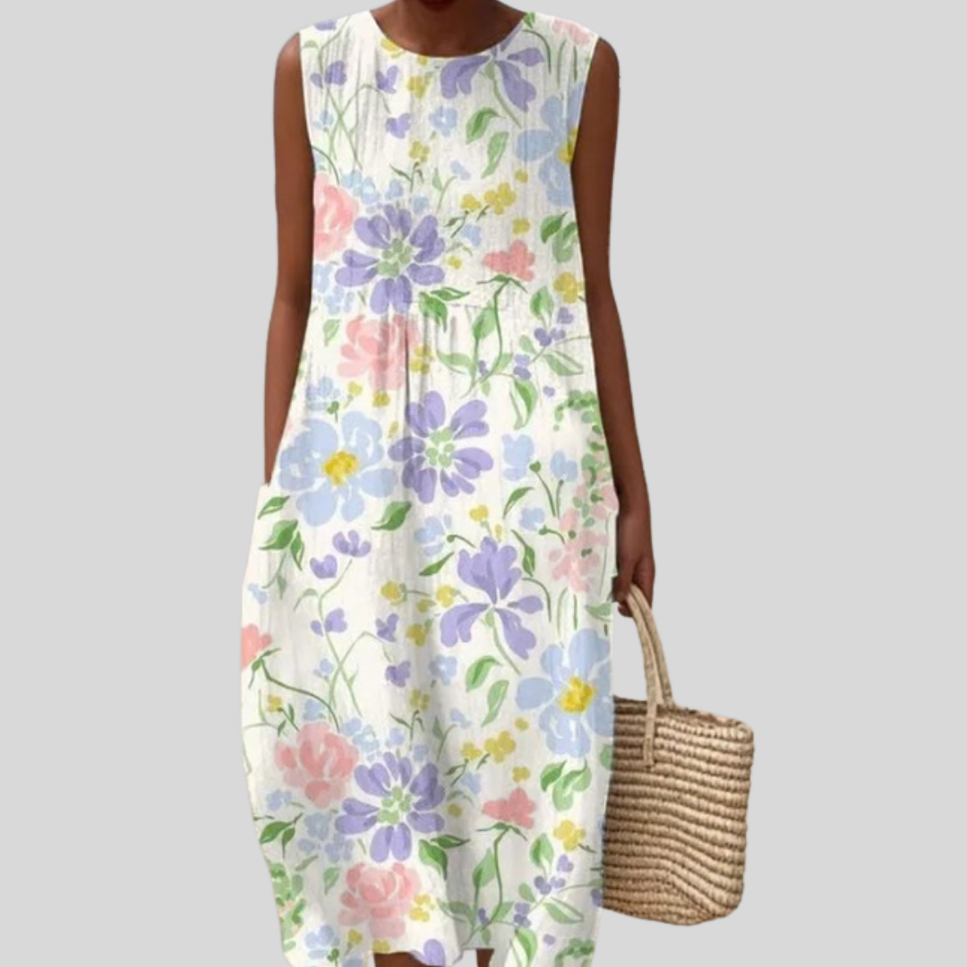 Ärmelloses Sommerkleid mit pastellfarbenem Blumenmuster und Rundhalsausschnitt