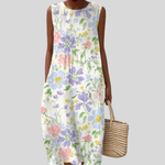Ärmelloses Sommerkleid mit pastellfarbenem Blumenmuster und Rundhalsausschnitt
