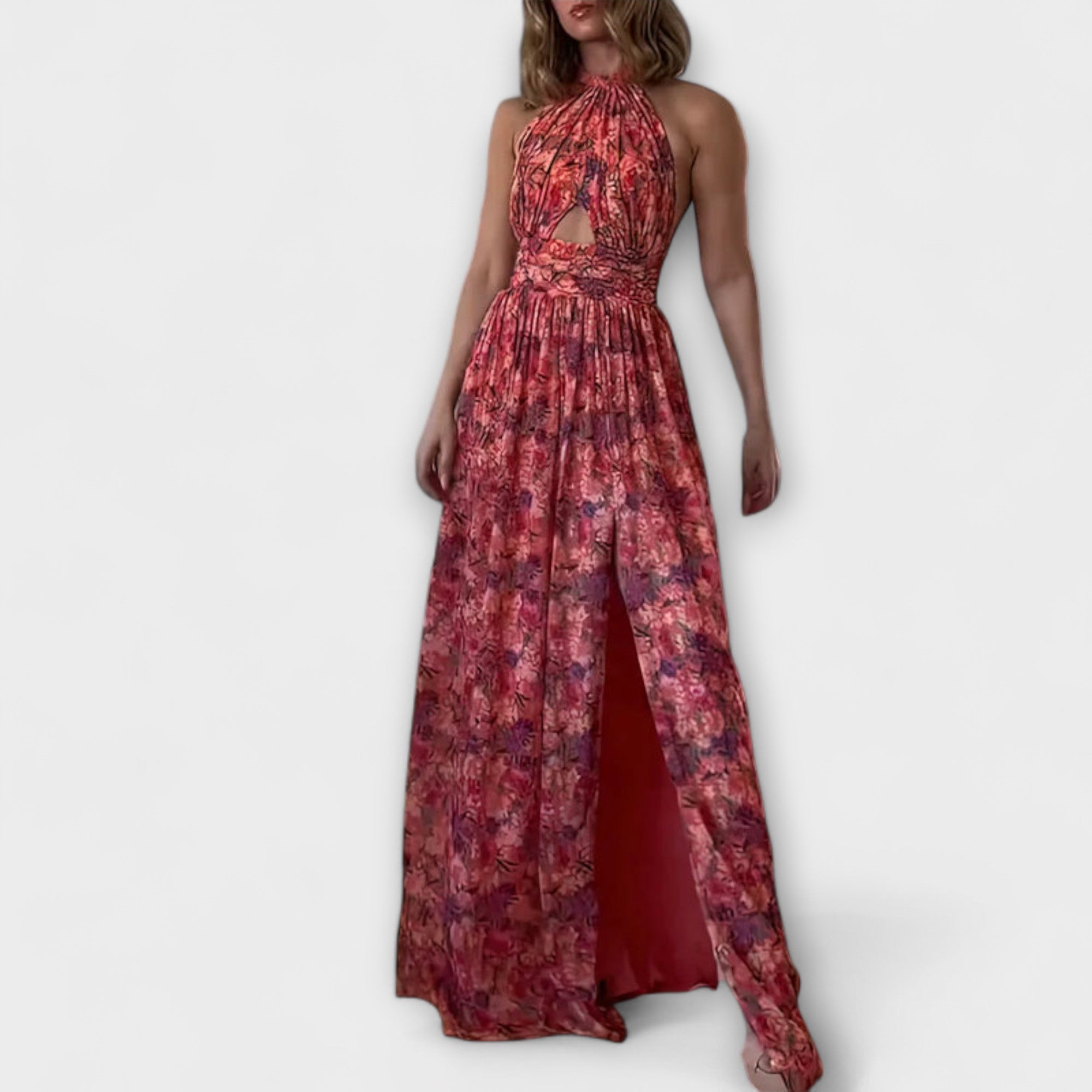 Maxikleid mit floralem Muster, ärmellos, geraffter Taillenbund und langer Rock