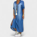 Denim-Look Kleid blau, V-Ausschnitt, Kurzarm, Seitenschlitz vorn, fließender Saum