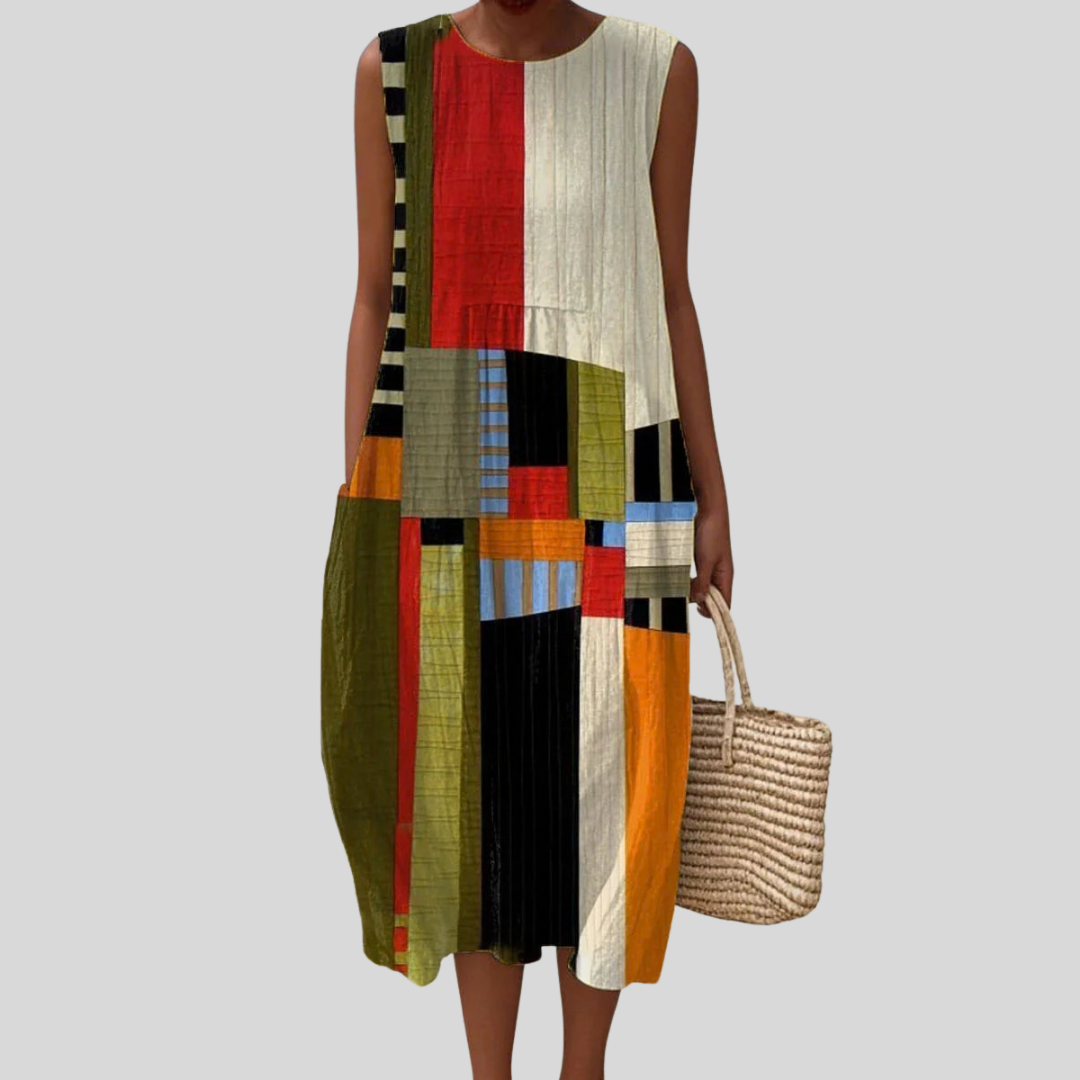 Ärmelloses Patchwork-Kleid mit rundem Ausschnitt, grün-rot-bunt