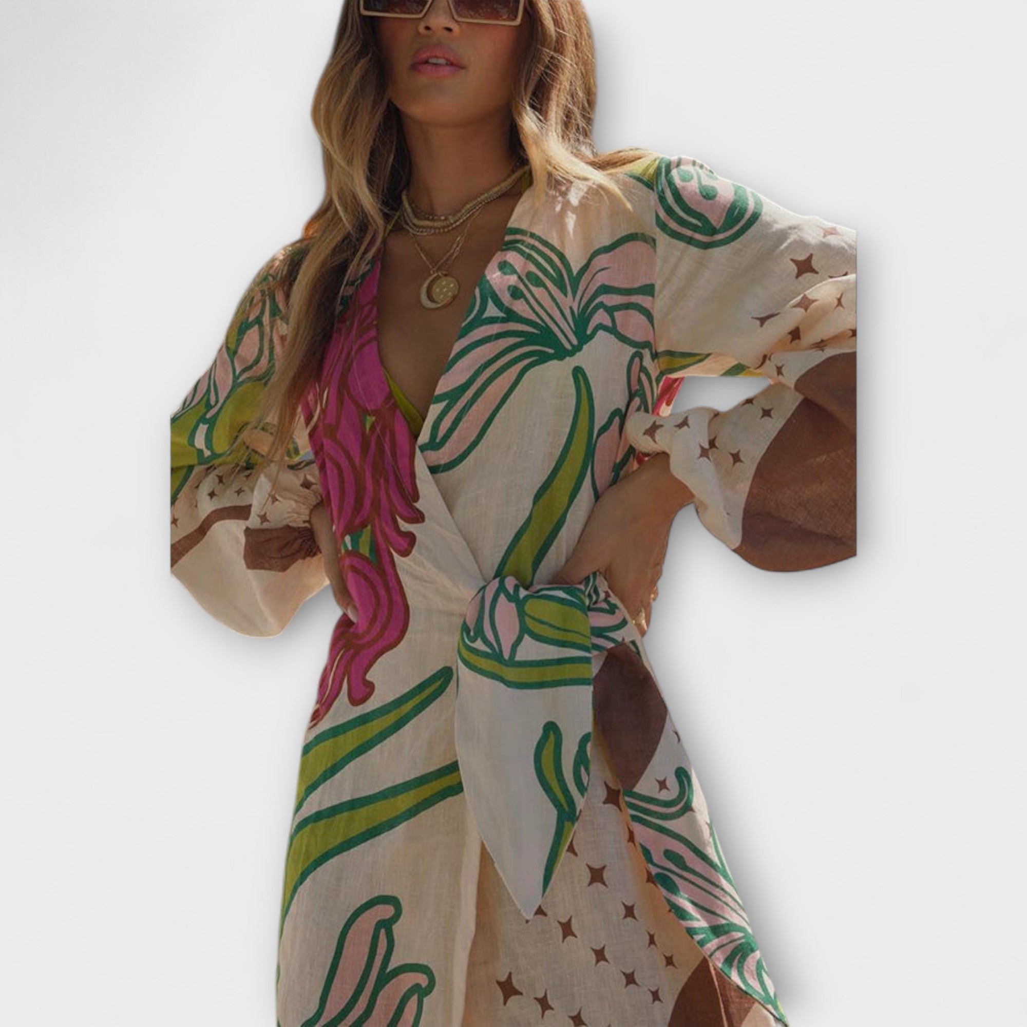 Maxikleid mit Bindeknoten an der Taille, V-Ausschnitt, gemustert mit Sternen und Formen
