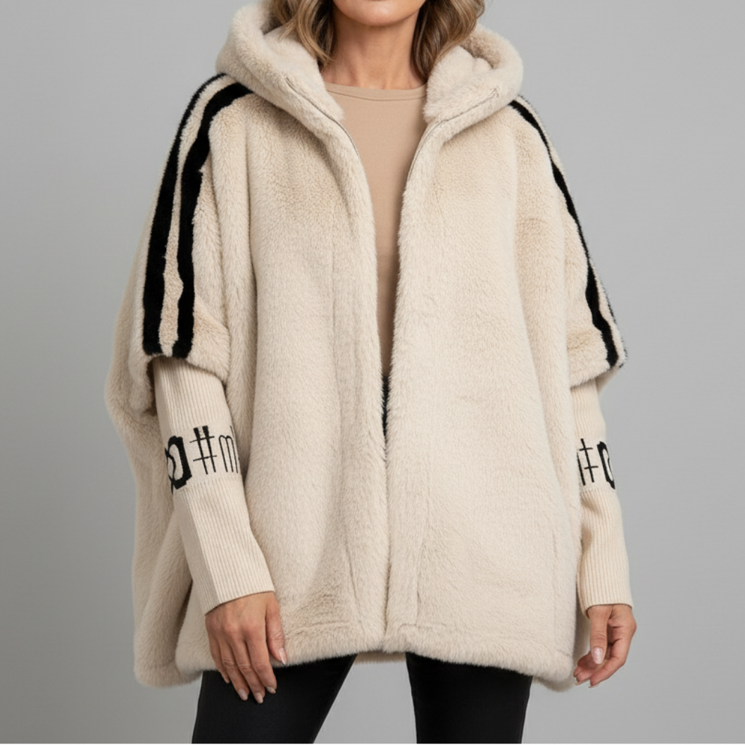 Briella Hoodie-Jacke in beigem Kunstfell mit Kapuze und schwarzen Streifen