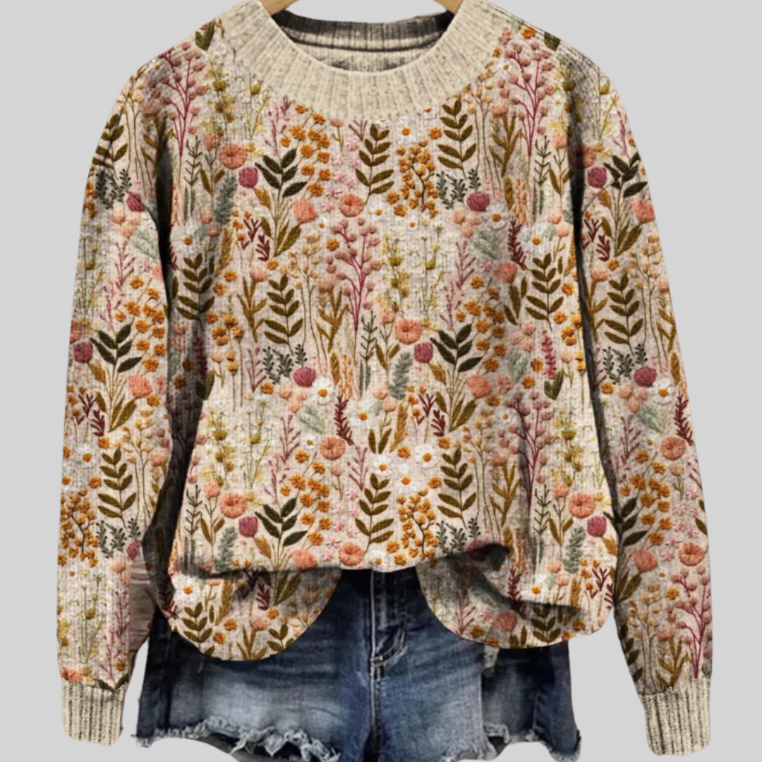 Pullover mit Rundhalsausschnitt, Rippenbündchen, langarm, buntes Blumen- und Blattmuster