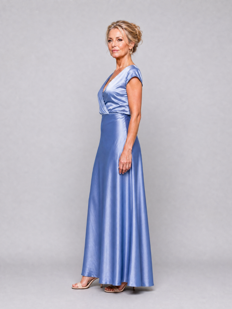 Blaues Maxikleid mit Wickeloptik vorn, kurze Ärmel; seitliche Ganzansicht