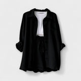 2-teiliges Set mit Hemdbluse und Shorts in Schwarz, Knopfleiste, Kordelzug