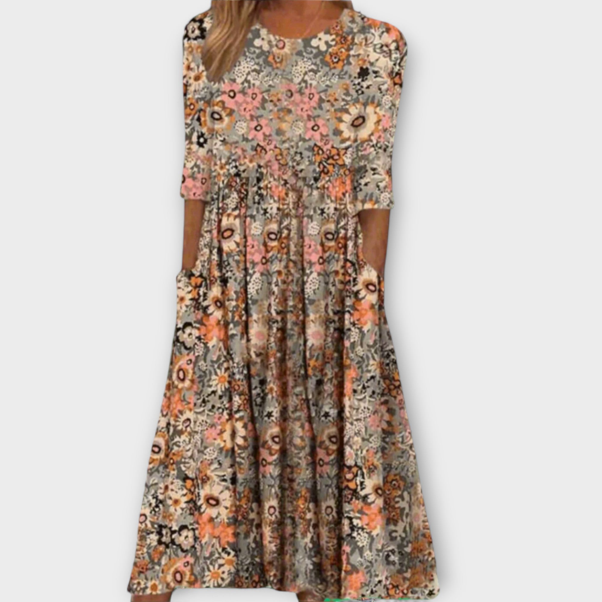 Elegantes Blumenkleid mit buntem Blumenmuster, kurze Ärmel, knielang