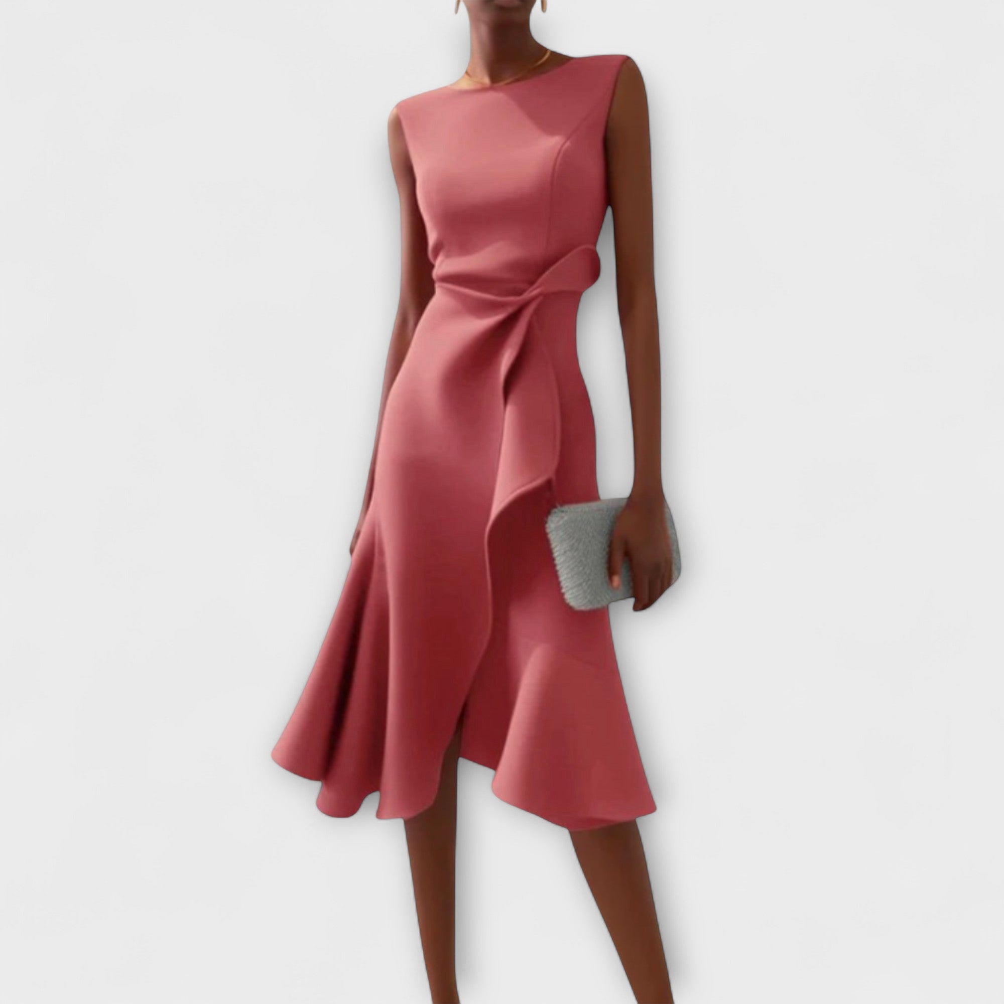 Drapiertes asymmetrisches Midikleid, ärmellos, rosé, Knoten-Detail und asymmetrischer Saum