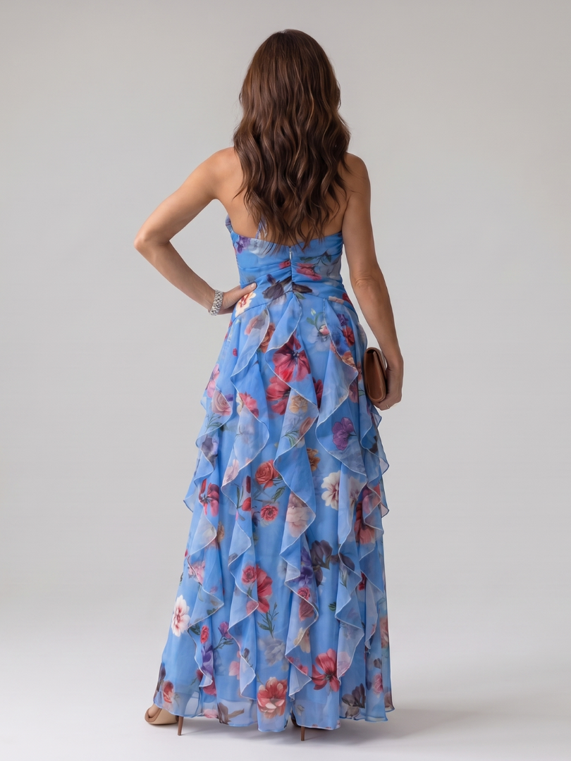 Halterneck-Rüschentop Maxikleid, blaues Floral, Rückansicht, Bindegürtel in der Taille