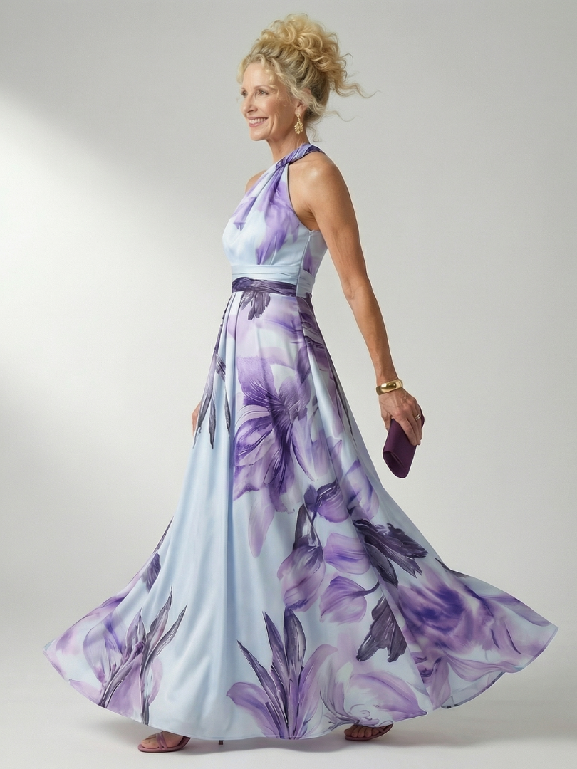 Maxikleid mit Blumenprint, Neckholder-Halterung, weit schwingender Rock, fliederfarben
