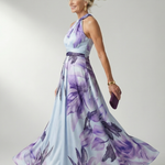 Maxikleid mit Blumenprint, Neckholder-Halterung, weit schwingender Rock, fliederfarben