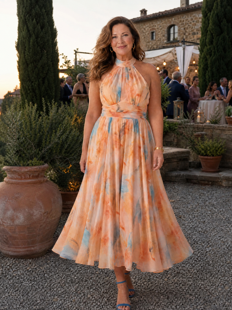 Halter-Midi-Kleid mit mehrfarbigem Batik/Aquarellmuster, ärmellos, Midi-Länge