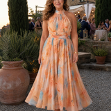 Halter-Midi-Kleid mit mehrfarbigem Batik/Aquarellmuster, ärmellos, Midi-Länge