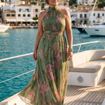 Midikleid Salbeigrün mit rosa Blüten, Halterhalsausschnitt und gerafftem Rock
