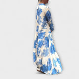 Maxi-Kleid im Seitenprofil, V-Ausschnitt, blaues Floral-Muster mit weitem Rock