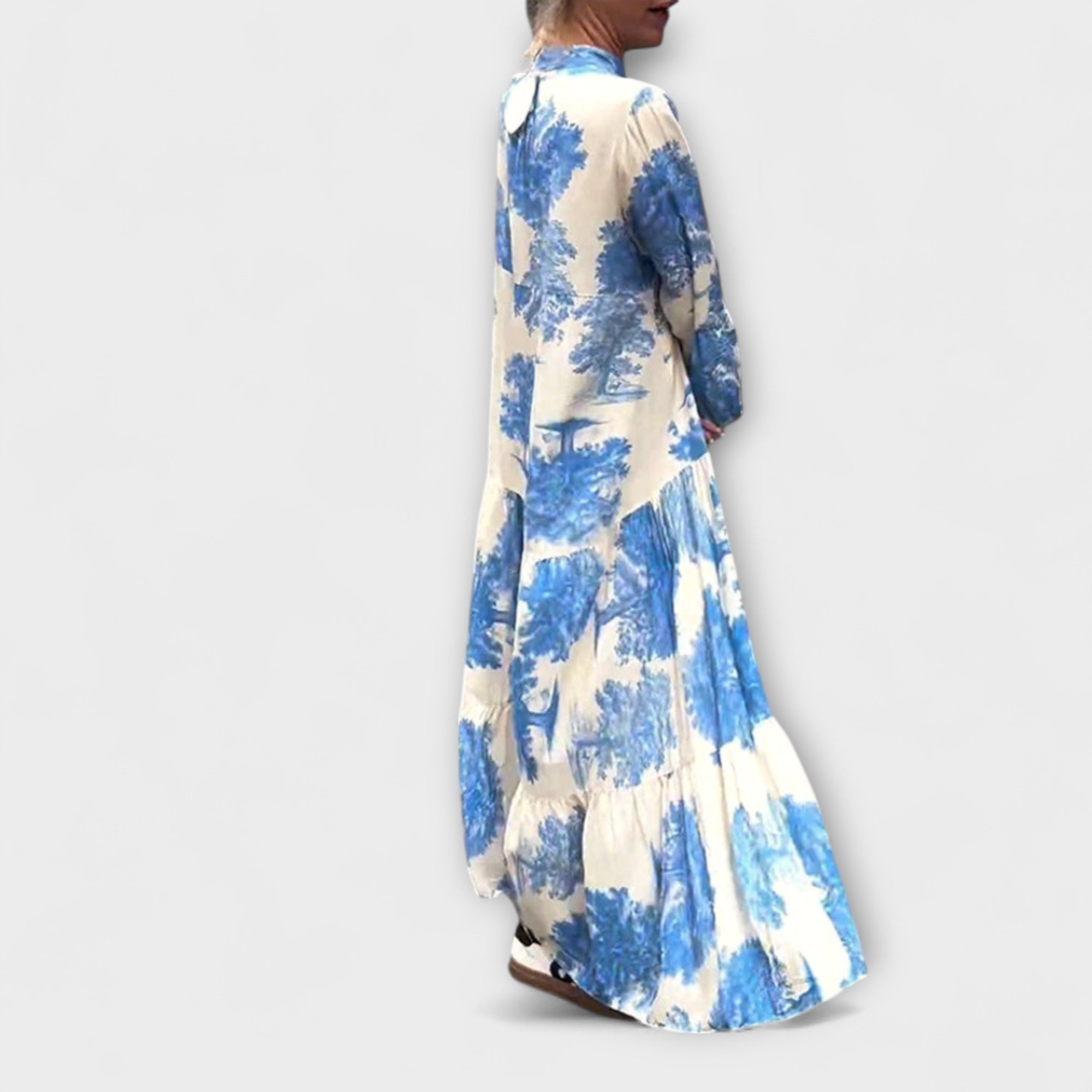 Maxi-Kleid im Seitenprofil, V-Ausschnitt, blaues Floral-Muster mit weitem Rock